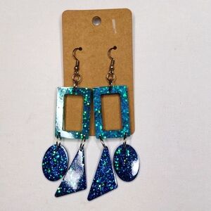 Turquoise Blue Sparkle double dangle Long rectangle silver hook Earring
